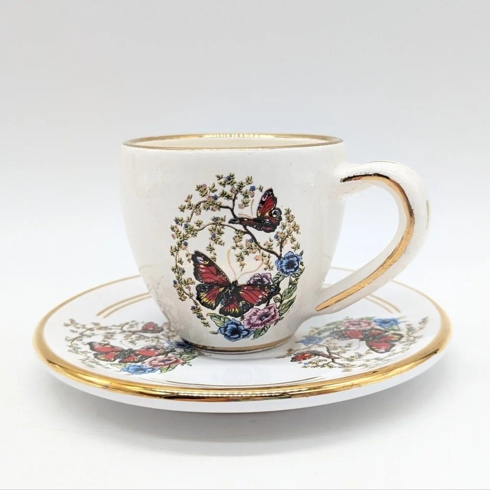 Manousakis Keramik Small Ceramic Butterfly Floral Bone China Espresso Tea Cup